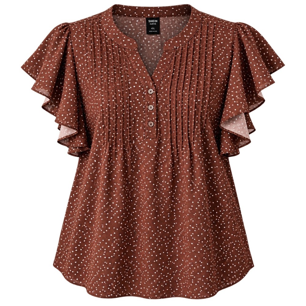 SHEIN Curve Blouse Women‎ 4XL Brown Polka Dot Flutter Sleeve Pleated Vintage 90s